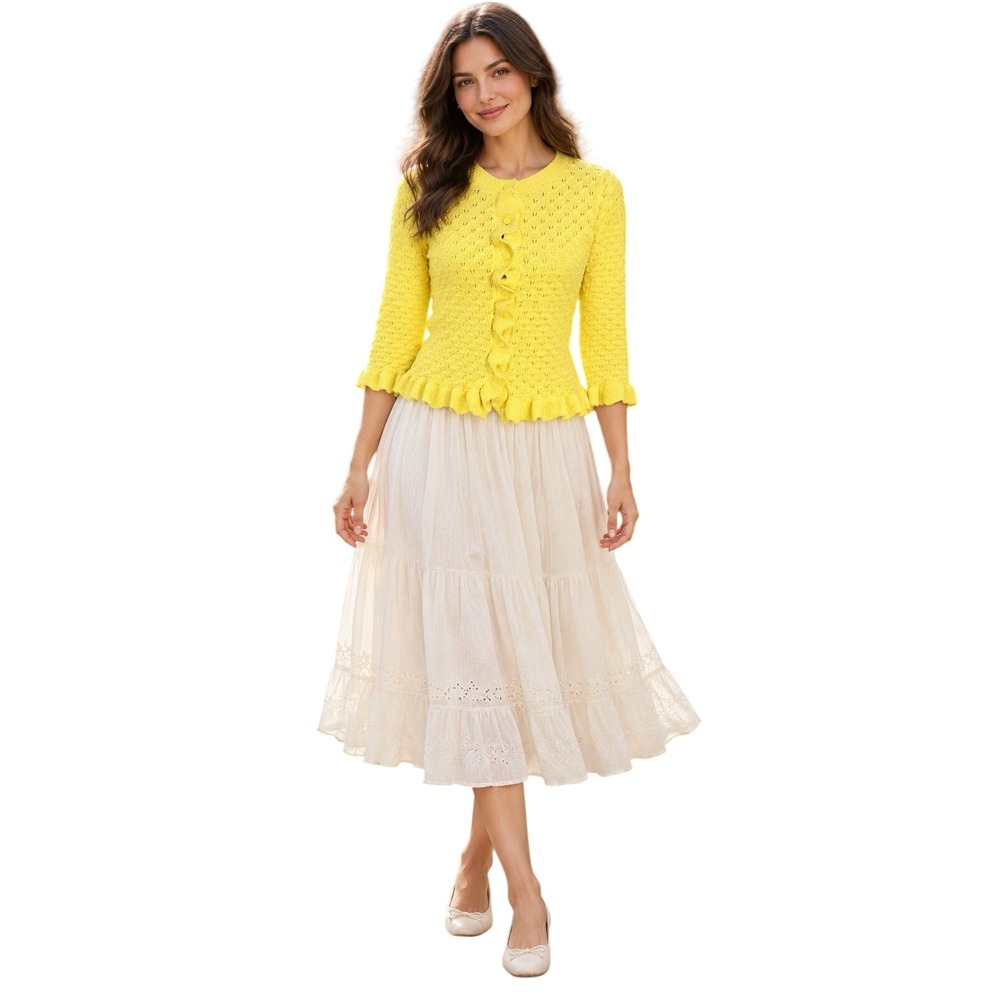 ZARA Yellow Open Knit Ruffle Cardigan 3/4 Sleeve Cottagecore Sweater NWT Small